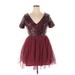 Saved by the Dress Cocktail Dress - A-Line V-Neck Short sleeves: Burgundy Solid Dresses - Women's Size X-Large