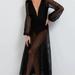 Pat Bo Women Black Netted Beach Plunge V-Neck Bodysuit Maxi Dress - Black