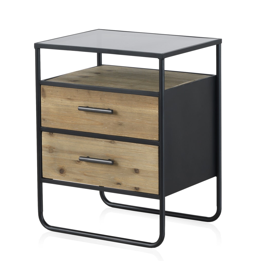 Table de chevet 2 tiroirs en sapin et fer