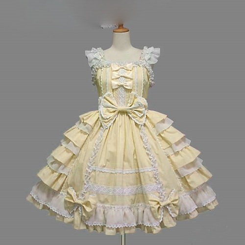 Süße Lolita Übergröße Urlaubskleid Kleid Ärmellose Kleider Damen Mädchen Baumwolle Japanisch Cosplay Kostüme Gelb / Blau / Purpur Einfarbig Schleife Kappe Kurzarm Kurz / Mini Image