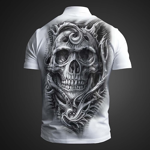 Tag der Toten Herren Schädel Poloshirts Kurzarm Polo-Shirts Hemden mit Kragen Lässig Horror Streetwear Festivalkleidung Party-Outfits 3D-Druck Knöpfe Sommer Frühling Herbst Schwarz Weiß Braun Image
