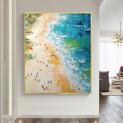 Handgefertigtes Ölgemälde auf Leinwand, Wandkunst, Dekoration, abstrakte Sommerlandschaft, Gemälde, Strand, Ozean, für Heimdekoration, gerolltes, rahmenloses, ungedehntes Gemälde Image