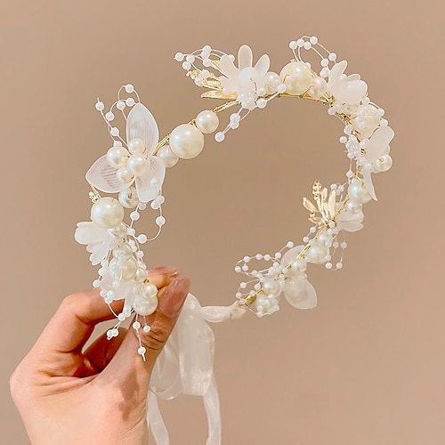 kinderkleidung Unisex Haarzubehör Blumen 1# weißes Perlen-Blumenband-Stirnband 2#Lila Perlen-Blumenband-Stirnband Image