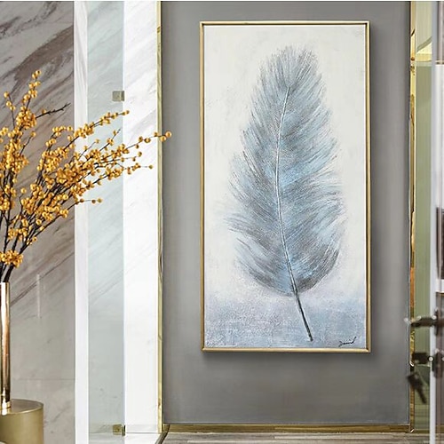 Abstraktes weißes Feder-Leinwandgemälde, handgemaltes Pop-modernes dekoratives Bild, goldenes Federgemälde, Wandkunstbild für Wohnzimmereingang, Kunstgemälde Image
