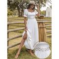 Damen Weißes Kleid Midikleid Baumwolle Spitze Ausgehöhlt Böhmen solide Urlaub Puffärmel Quadratischer Ausschnitt Kurzarm Sommer Weiß