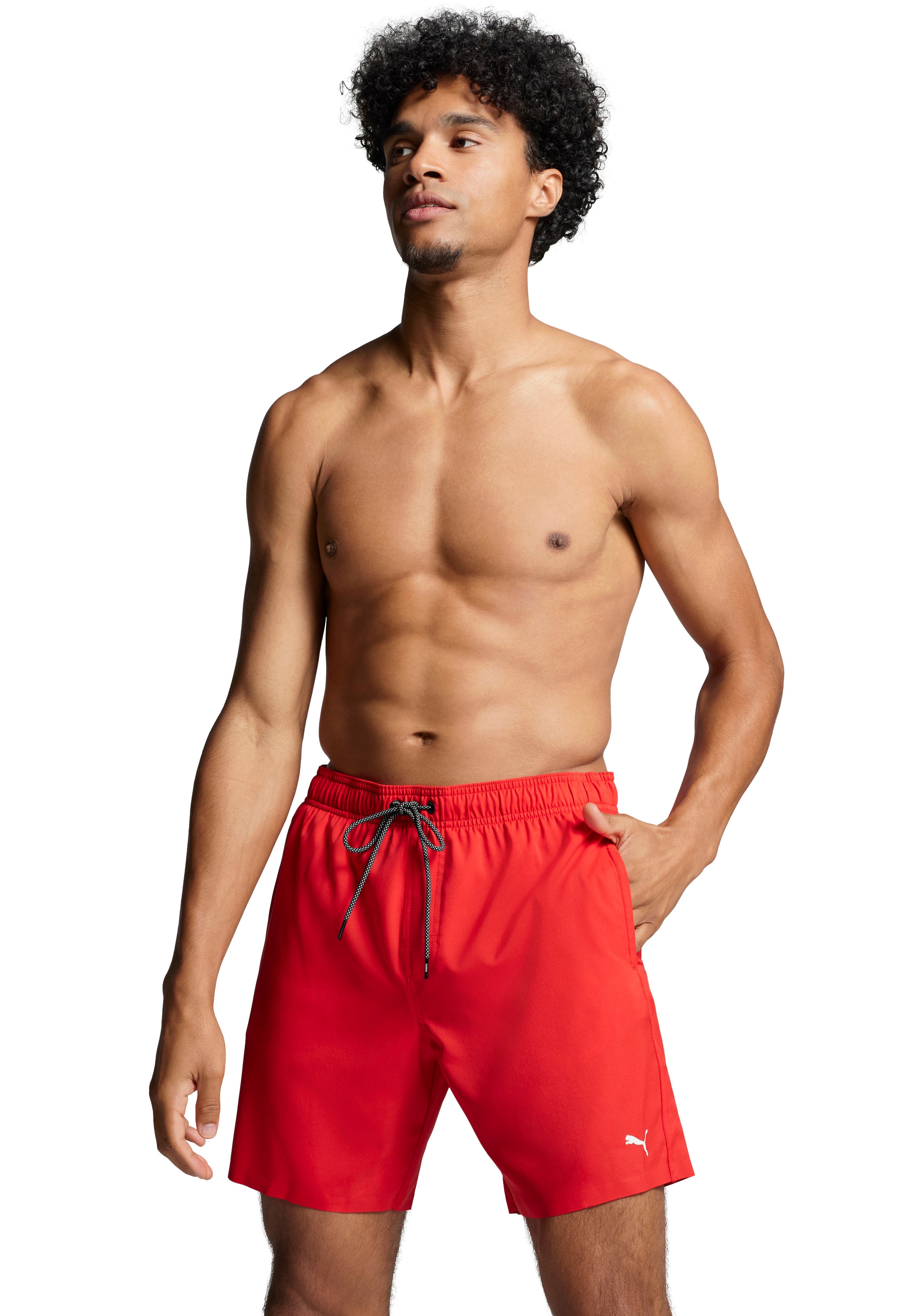 Badeshorts PUMA "PUMA SWIM MEN MEDIUM LENGTH SWIM SHORTS", Herren, Gr. L, N-Gr, rot, Web, Obermaterial: 100% Polyester, unifarben, Badehosen, High-Tech Reißverschluss an der Gesäßtasche, Seitentaschen Image