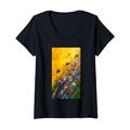 Damen Bienen Aktion Blumendesign Farbenfroh Wildblumen T-Shirt mit V-Ausschnitt