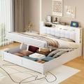 Queen Size Modern PU Bed Tufted Upholstered Platform Bed Storage Headboard and Hydraulic Storage System No Box Spring Needed Motion Activated Night Lights and USB Charger White