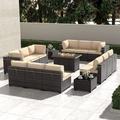 Kullavik 13 Pieces Outdoor Patio Furniture with 43 55000BTU Gas Propane Fire Pit Table PE Wicker Rattan Sectional Sofa Patio Conversation Sets Grey