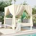 Outdoor Patio Wicker Sunbed Daybed with Side and Overhead Curtains Rubber Core Rope Daybed Sunbed with Adjustable Seats for Balcony Garden Backyard Poolside (Beige)