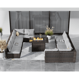 TANGJEAMER 11 Piece Patio Furniture Set with Fire Pit Table All Weather Outdoor Sectional PE Rattan Patio Conversation Sets with Cushions and Glass Coffee Table for Garden Lawn Balcony Grey