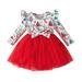 PMUYBHF Girls Christmas Dresses Size 7/8 Green Autumn Christmas Dress Round Neck Flying Sleeve Printed Bow with Red Dress Fashion Dress Baby Girl Dresses 12-18 Months Blue