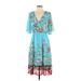 Superfoxx Casual Dress - A-Line V Neck 3/4 sleeves: Blue Floral Dresses - New - Women's Size Small