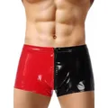 S-5XL Contrast Color Wet Look PVC Shorts Men Convex Pouch Zipper Shiny PU Leather Trunks Boxershorts