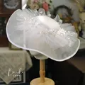 Fairy White Large Brim Wedding Hat Floppy Mesh Flower Satin Fedoras Elegant Ladies Fancy Show Horse