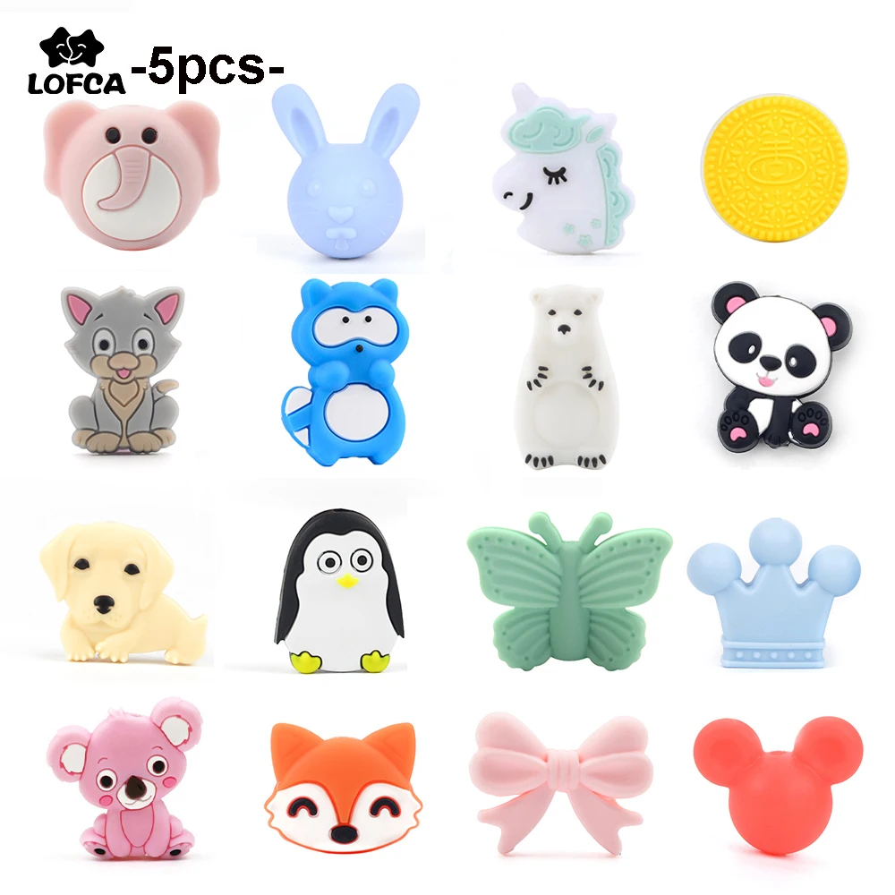 LOFCA 5pc Silicone animaux perles Panda de qualité alimentaire bricolage jouet Koala bébé perles de dentition sans BPA sucette chaîne accessoires
