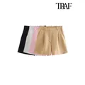 TRAF-Bermuda Vintage pour Femme Poches Latérales Fléchettes Avant Taille Haute Fermeture Éclair