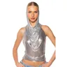 Female Silver Metal Halter Cowl Neck Backless Crop Top High Shine Hooded Chainmail Top