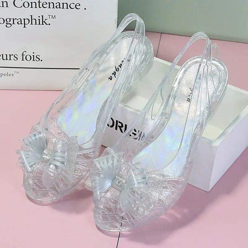 Jelly Summer 2025, transparent, mit mittelhohen Absätzen, Damenschuhe, Schuhe, Schleife, transparente Sandalen für Damen, Vintage, schick und elegant, VIP