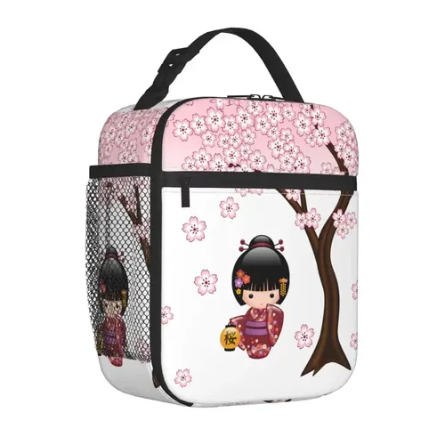 Kokeshi Puppe rot schwarz weiß Kirschblüten isoliert Lunch Bag japanische Mädchen Kunst Food Box