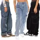 Frauen Baggy Cargo Jeans Dame hohe Taille Patchwork Taschen weites Bein übergroße Hosen Streetwear