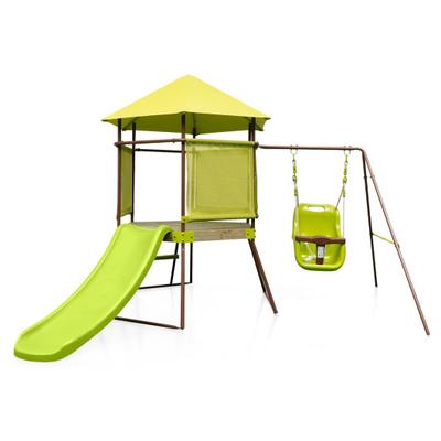 Costway 4-in-1 Swing Set with Covered Playhouse Fort and Height Adjustable Baby Seat-Green