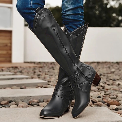 Damen-Westernstiefel mit perforiertem Schnallenriemen und Nähten, halbhohe Cowgirlstiefel für Freizeit und Outdoor Image