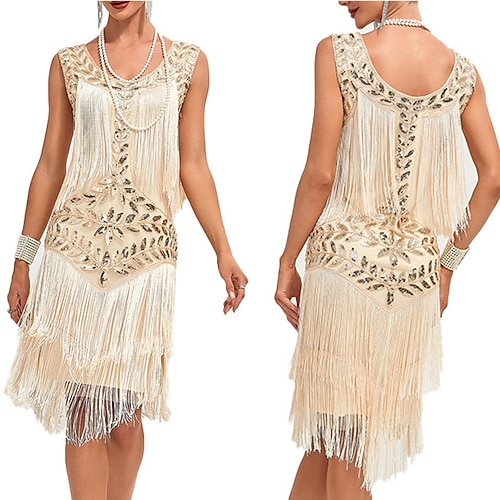 Goldene Zwanziger 1920er Urlaubskleid Knielang Flapper Kleid Kleid Weihnachtsfeier Kleid Ärmellos Der große Gatsby Dame Hochzeitsgast Pailletten Quastenfransen Rundausschnitt Kostüm Damen Karneval Image