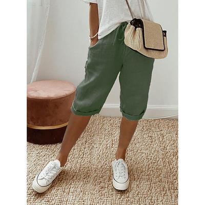 Women's Normal Cotton Linen Pants Chinos Casual Daily Knee Length Natural Solid Colored Pocket Drawstring Elastic Waist Breathability Comfortable Inelastic Vacation Casual Daily Navy-blue milk white