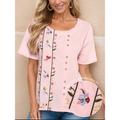 Women's Summer Tops 100% Cotton Floral Work Casual Holiday Embroidered Button Pink Short Sleeve Daily Ladies Casual Round Neck Autumn / Fall Spring Summer