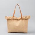 Women's Tote Canvas Beach Tassel Large Capacity Multi Carry Solid Color Light Blue off white Black