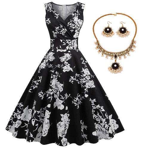 abito vintage floreale in ciliegio abito altalena senza maniche con orecchini collana 4 pezzi anni '50 anni '60 rockbility abito vintage retrò abiti da donna primavera estate costume quotidiano da