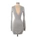 H&M Casual Dress - Sweater Dress V-Neck Long sleeves: Gray Solid Dresses - Women's Size Small
