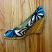 Nine West Shoes | Multicolored Open Toe Canvas With Straw Wedge Heel | Color: Green/Pink | Size: 9