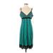 Catherine Malandrino Casual Dress - Slip dress Plunge Sleeveless: Teal Print Dresses - Women's Size 8
