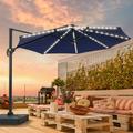FLAME&SHADE 11ft LED Outdoor Cantilever Market Umbrella with a Base Solar Energy Hanging Patio Umbrella with Aluminum Frame for Commercial Street and Beach Navy Blue