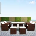Ourdoor 9-Piece Outdoor Patio Wicker Dining Set for 8 Garden PE Table with 4 Chairs and 4 Stool Dark Brown Rattan+Beige Cushion