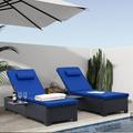 Outdoor PE Wicker Chaise Lounge for Outside - 2 Piece Patio Furniture Set Black Rattan Reclining Chair Beach Pool Adjustable Backrest Sunbathing Recliners with Peacock Blue Cushions