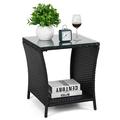 Patio Wicker Storage Side Table Outdoor PE Rattan Woven Coffee End Table with Glass Top for Indoor Outdoor Porch Lawn Poolside Garden Backyard Balcony (Black)