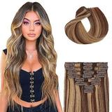 joiqhcs Human Hair Extensions Clip In Human Hair 8pcs Straight Hair 100% Human Hair Extensions Dark Brown/Blonde Hair Double Weft Straight Brazilian Remy Hair Real Hair Extensions Human Hair 10inch
