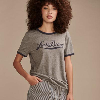 Lucky Brand Lucky Logo Ringer Classic Crew in Medium Heather Grey, Size S