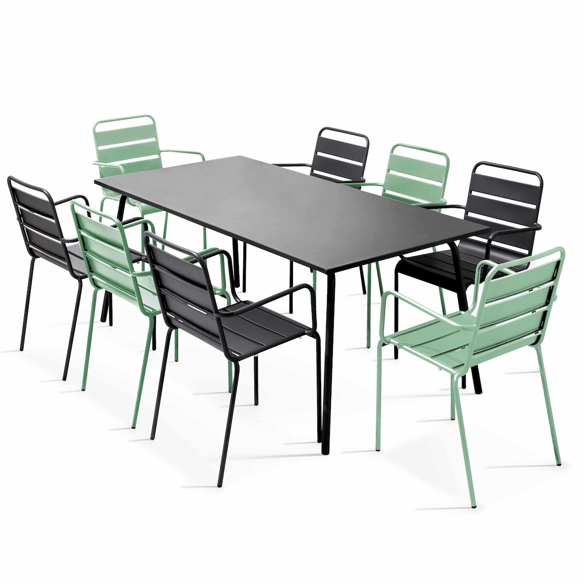 Oviala Business Set aus Gartentisch und 8 Sesseln aus salbeigrünem und grauem Metall Image