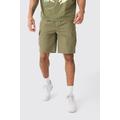 Mens Green Elastic Waist Khaki Relaxed Fit Cargo Shorts, Green