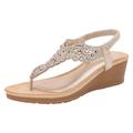 EMAlusher Wedge Sandals Women's Black Summer Shoes for Women Sandals Comfort Summer Shoes Women Beach Shoes Outdoor Spring Sandals Bohemian Beach Rhinestone T-Strap for Women Holiday Sandals, gold, 7