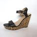 Jessica Simpson Shoes | Jessica Simpson Black 4" Wedge Sandal Size 7.5 Vegan Faux Leather Cork Inlay Euc | Color: Black/Tan | Size: 7.5