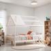 Full Size House Shaped Platform Bed with Fence, Solid Wood Kids Bed Frame with Chimney Styling for Bedroom, White+Grey