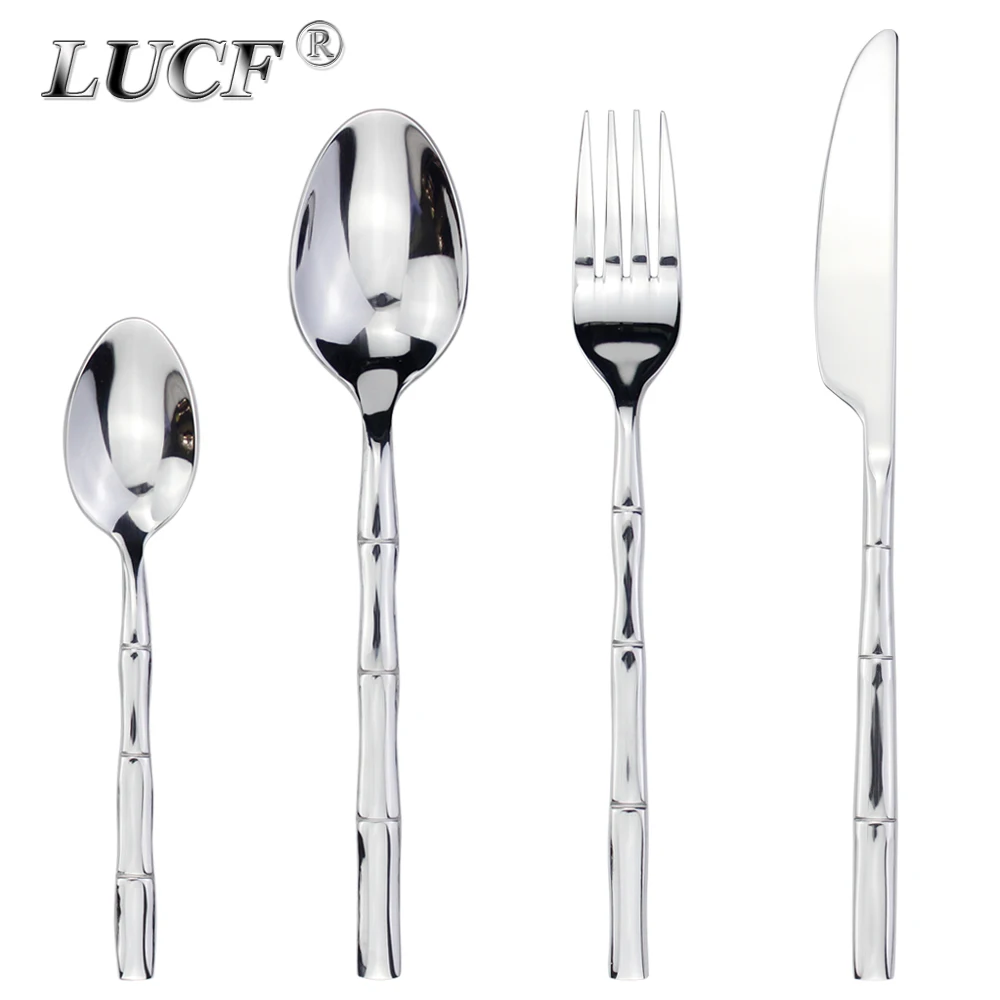 Berühmtes kreatives Design, Bambusform, Besteck, 4-in-1-Set, Spiegel, Edelstahl, fest, dick, handliches Geschirr für Küche, Restaurant Image