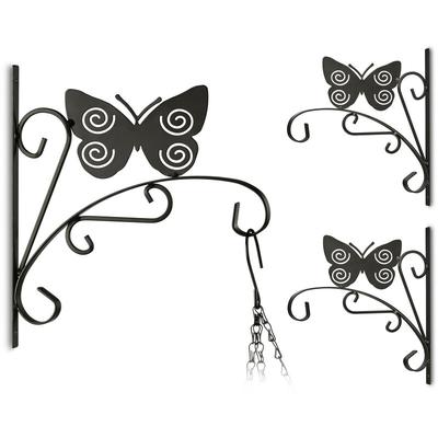 3x Blumenhaken mit Schmetterling-Motiv, Blumenampelhalter für Wand, Metall Garten-Deko, hbt: 30 x