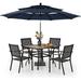 durable VILLA Outdoor 10ft Patio Umbrella Set for 4 with 5 Pieces Dining Table Chairs Metal Outdoor Stackable Wrought Iron Chair Set of 4 & 37 Metal Table 3 Tier Vented Dark Blu