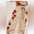 Free People Pants & Jumpsuits | Free People Rosalia Embroidered Pull On Pants Smock Waist Rose Birch Combo | Color: Cream/Red | Size: S